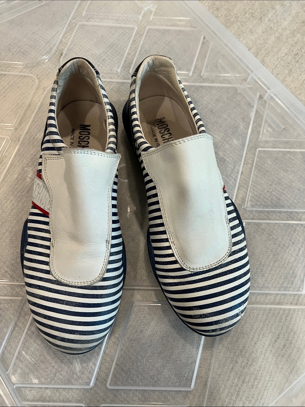 Moschino Navy, White & Red Striped Slip-On Sneakers
